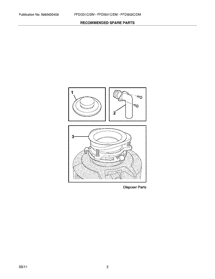 RECOMMENDED SPARE PARTS Diagram and Parts List for FFDI502CMS0  Frigidaire Food Waste Disposer