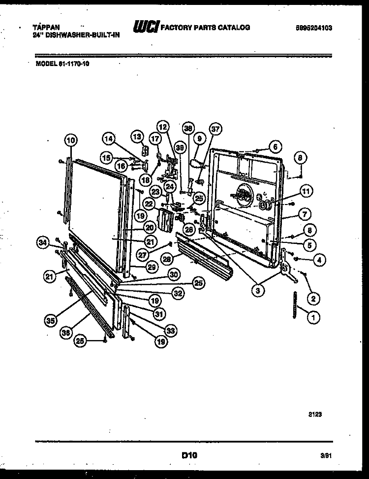 DOOR PARTS Diagram and Parts List for 61-1170-00  Tappan Dishwasher
