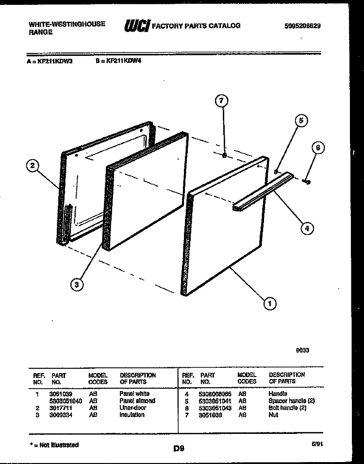 DOOR PARTS Diagram and Parts List for KF211KDW4  Frigidaire Range