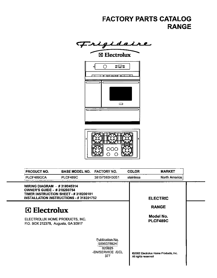 COVER Diagram and Parts List for PLCF489CCA  Frigidaire Range