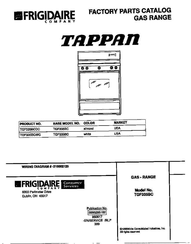 COVER Diagram and Parts List for TGF335BCWC  Tappan Range