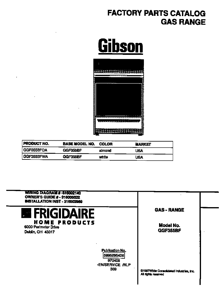 COVER Diagram and Parts List for GGF355BFWA  Gibson Range