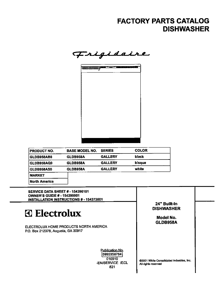 COVER Diagram and Parts List for GLDB958AQ0  Frigidaire Dishwasher