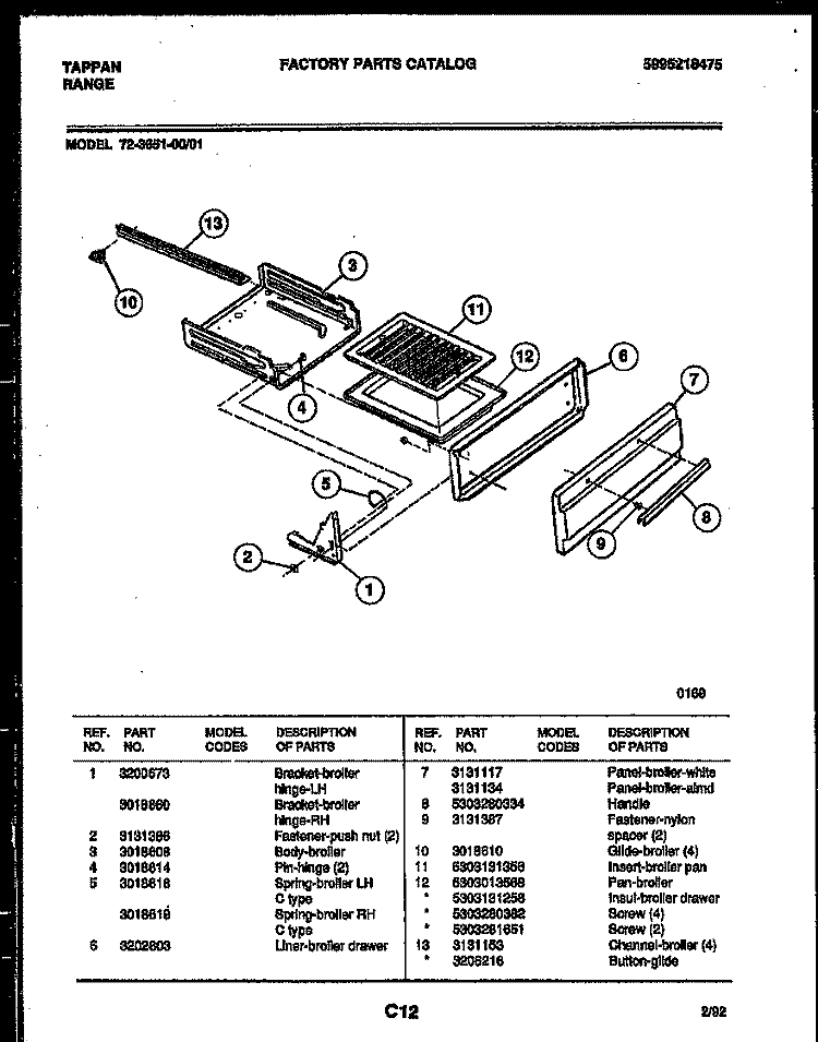 BROILER DRAWER PARTS Diagram and Parts List for 72-3651-23-01  Tappan Range