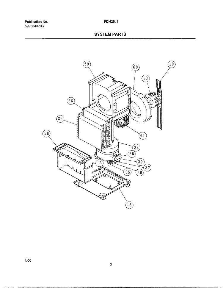 SYSTEM PARTS Diagram and Parts List for FDH25J1  Frigidaire Dehumidifier
