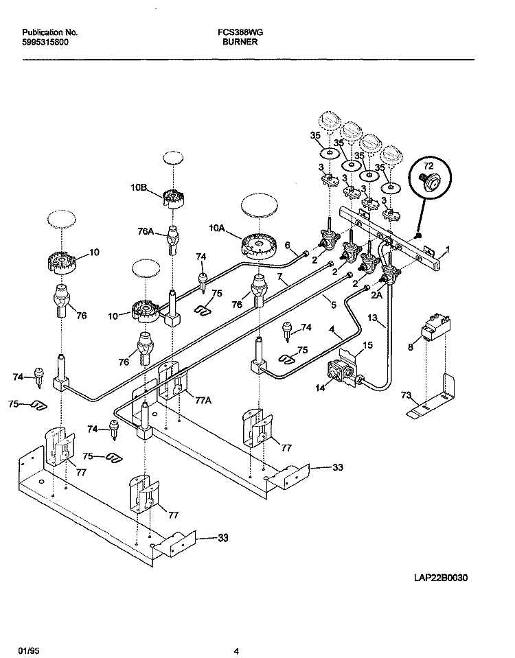 BURNER Diagram and Parts List for FCS388WGCC  Frigidaire Range