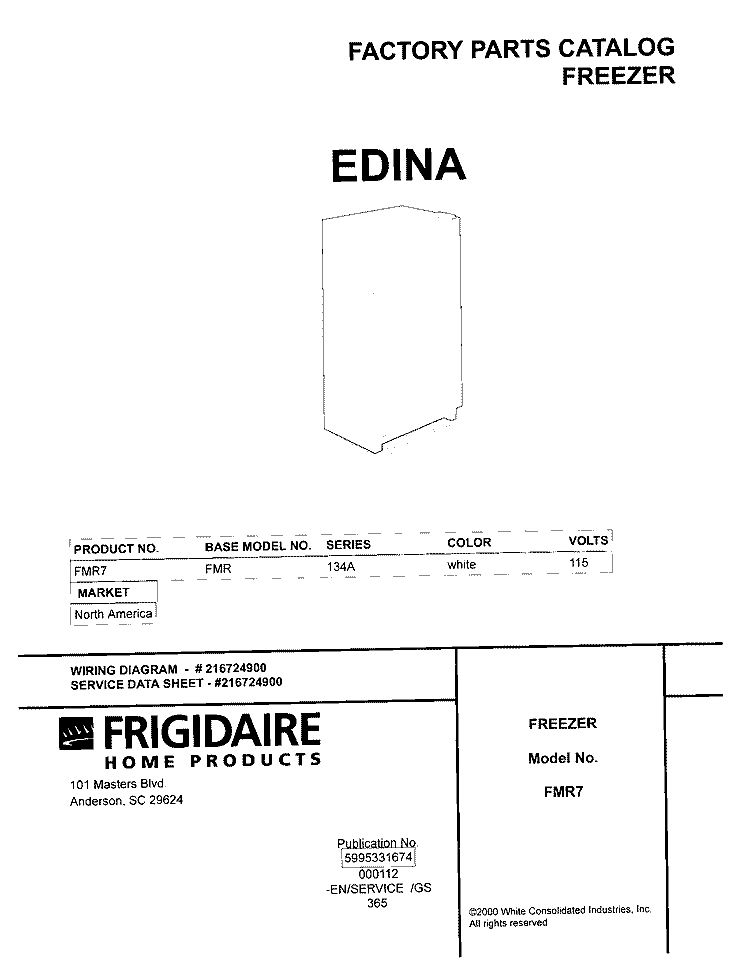 COVER Diagram and Parts List for FMR7  Electrolux Freezer