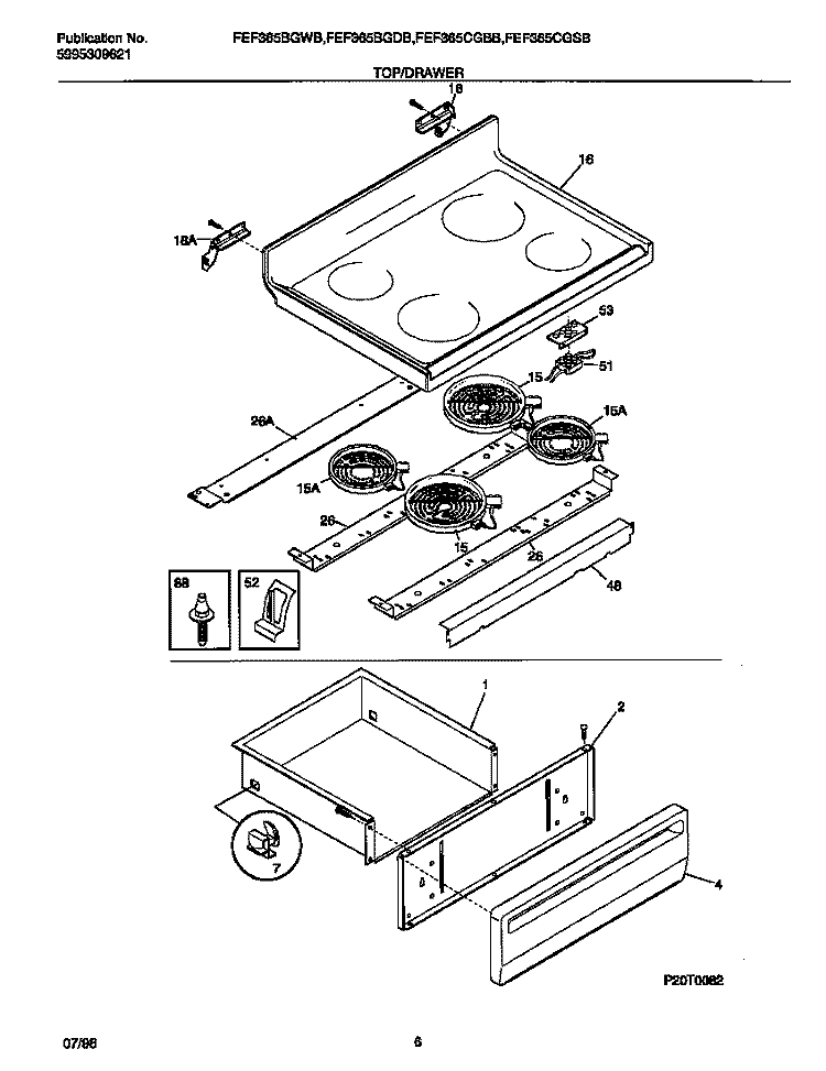 TOP / DRAWER Diagram and Parts List for FEF365CGSB  Frigidaire Range