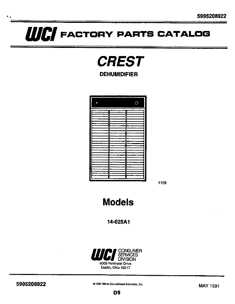 COVER Diagram and Parts List for 14-025A1  Frigidaire Dehumidifier