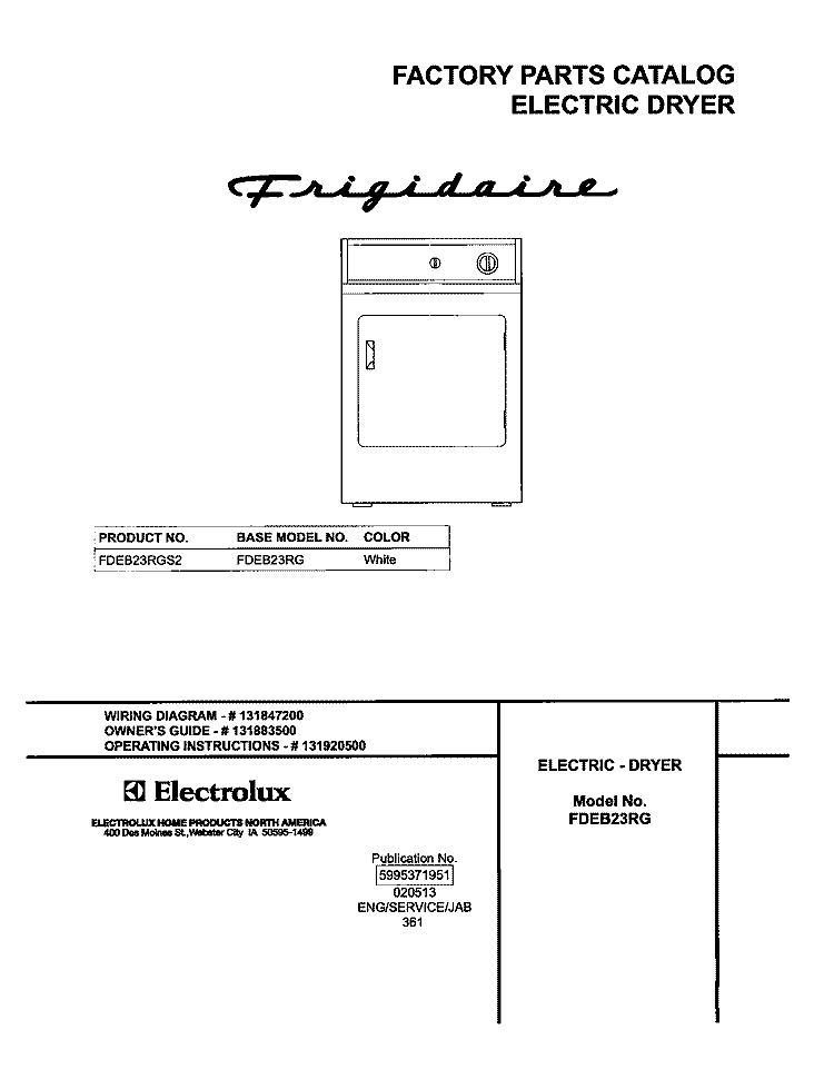 COVER Diagram and Parts List for FDEB23RGS2  Frigidaire Dryer