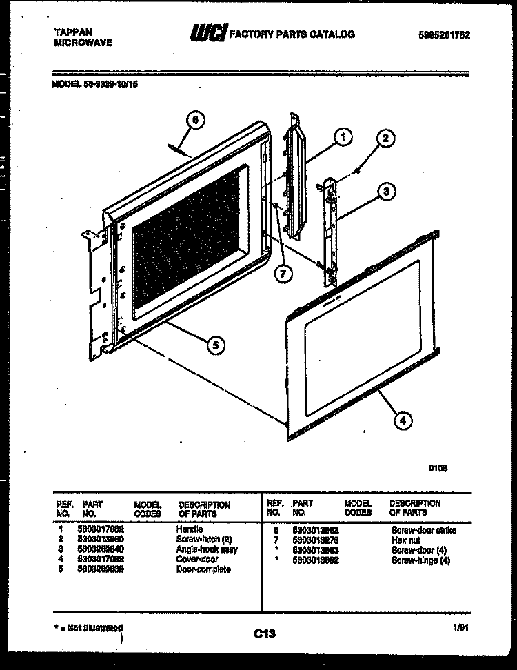 DOOR PARTS Diagram and Parts List for 56-9339-10-15  Tappan Microwave