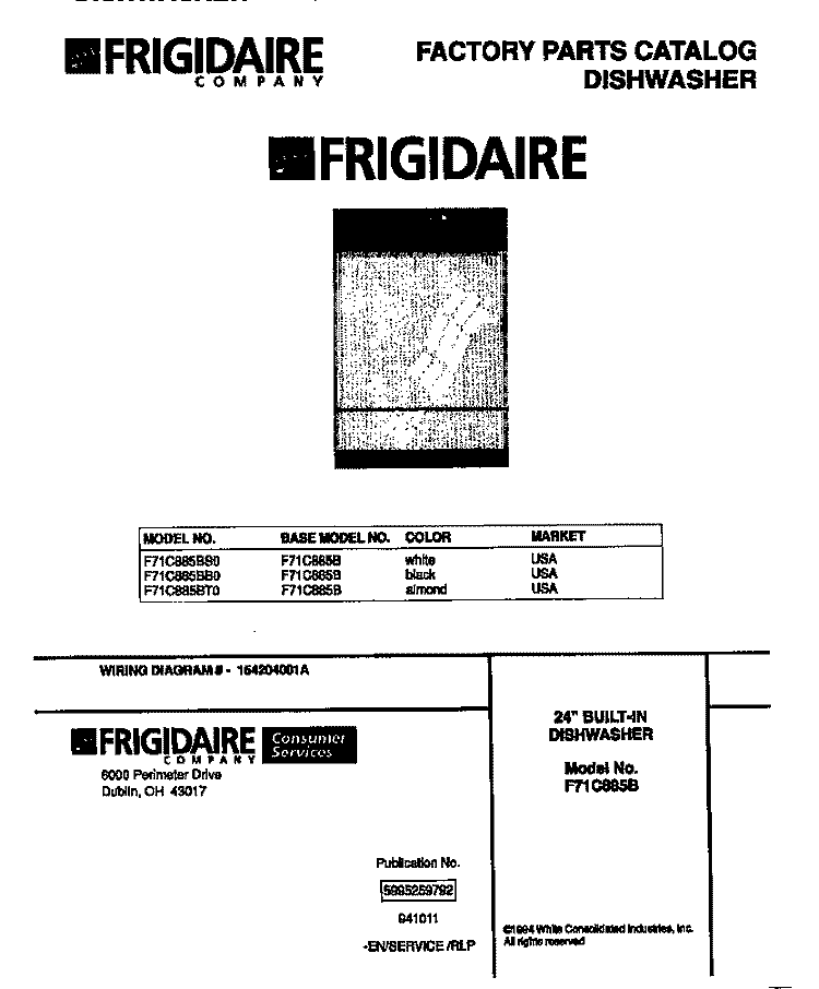 DISHWASHER Diagram and Parts List for F71C885BB0  Frigidaire Dishwasher