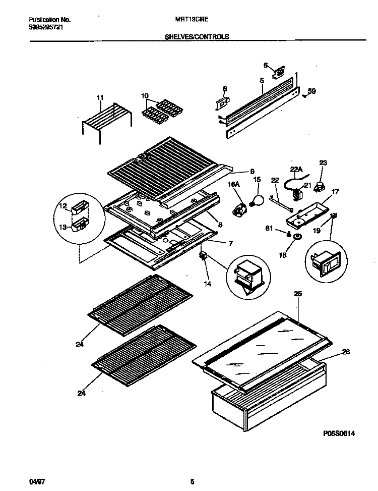 SHELVES / CONTROLS Diagram and Parts List for MRT13CREW1  Frigidaire Refrigerator