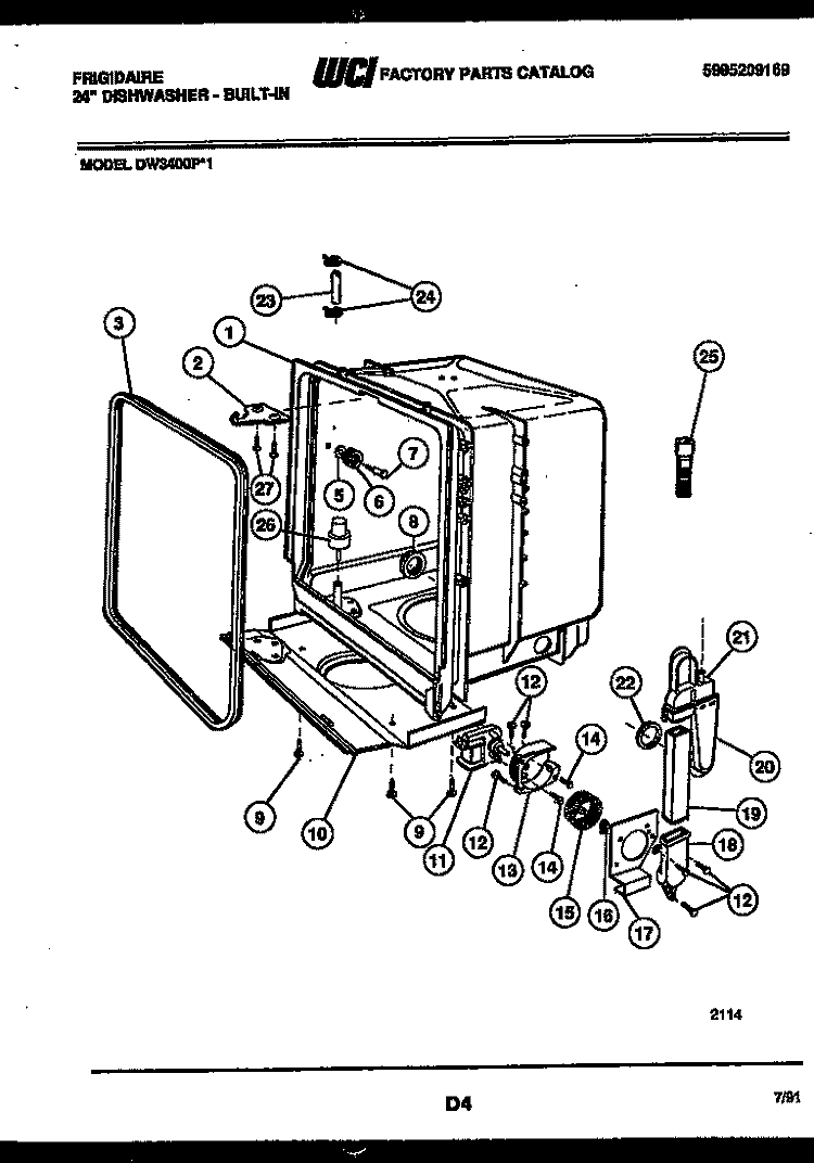 TUB AND FRAME PARTS Diagram and Parts List for DW3400PW1  Frigidaire Dishwasher