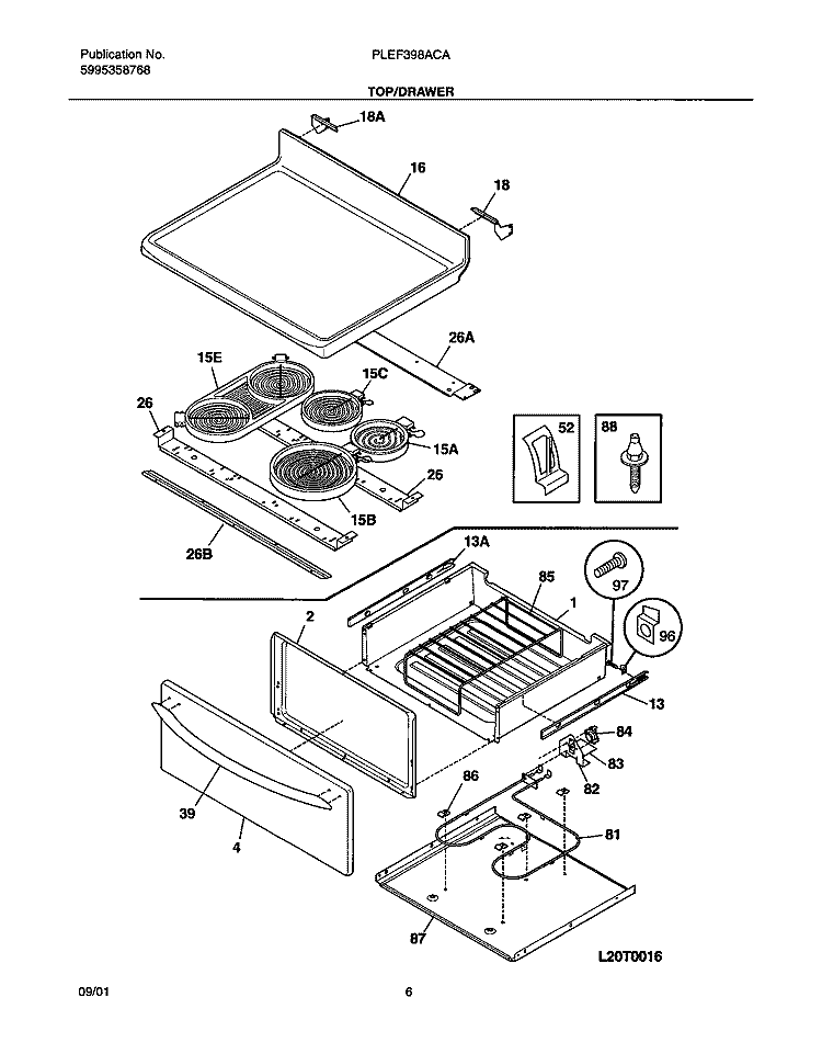 TOP / DRAWER Diagram and Parts List for PLEF398ACA  Frigidaire Range