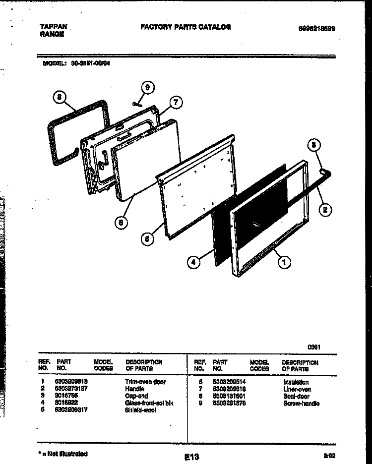 DOOR PARTS Diagram and Parts List for 30-3851-00-04  Tappan Range
