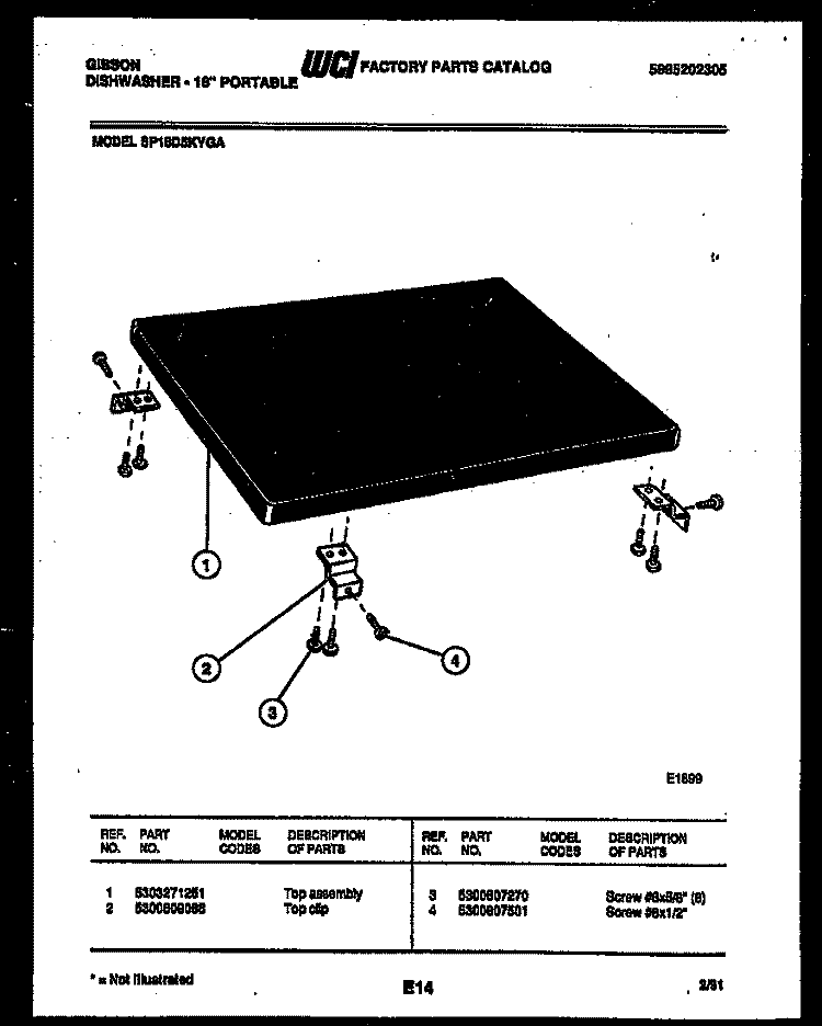 TOP ASSEMBLY Diagram and Parts List for SP18D5KYGA  Gibson Dishwasher
