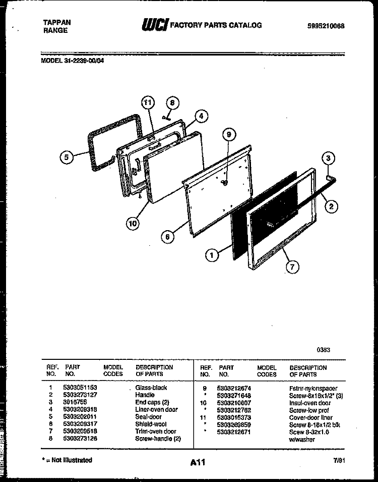 DOOR PARTS Diagram and Parts List for 31-2239-00-04  Tappan Range