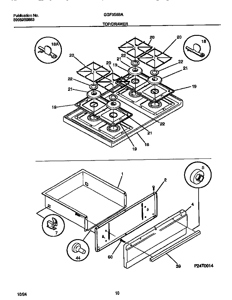 TOP / DRAWER Diagram and Parts List for GGF356BADB  Gibson Range