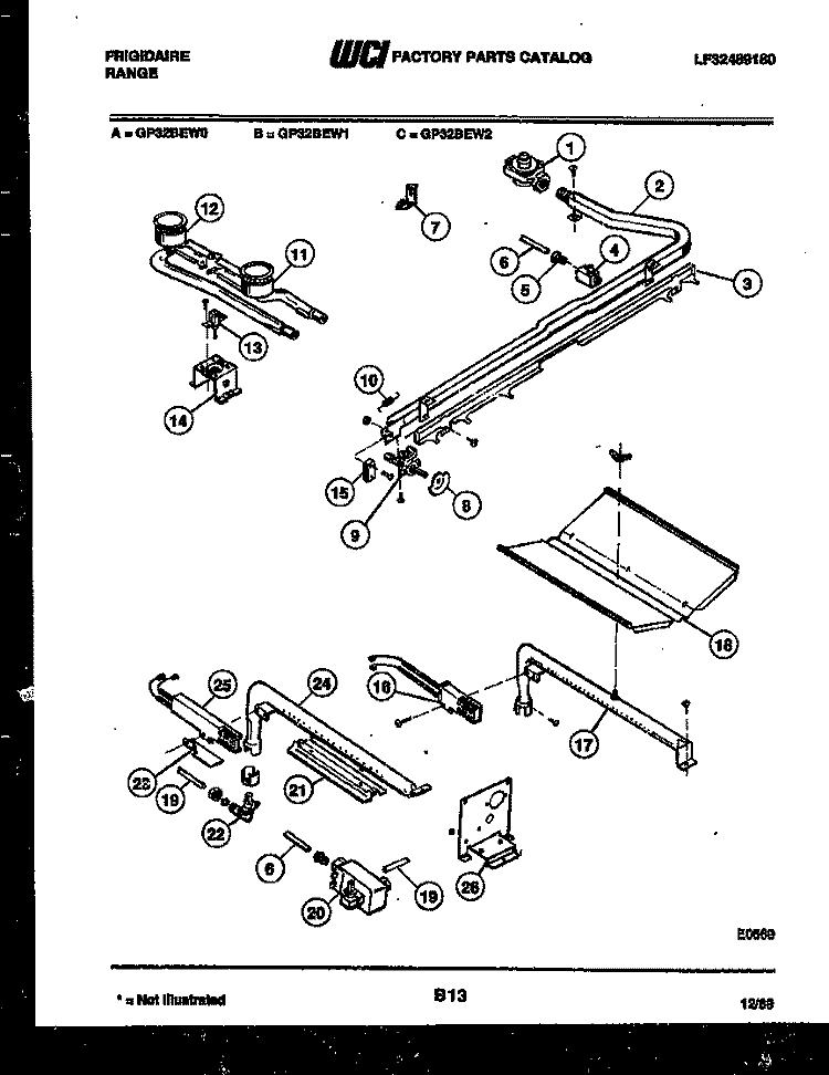 BURNER, MANIFOLD AND GAS CONTROL Diagram and Parts List for GP32BEL1  Frigidaire Range