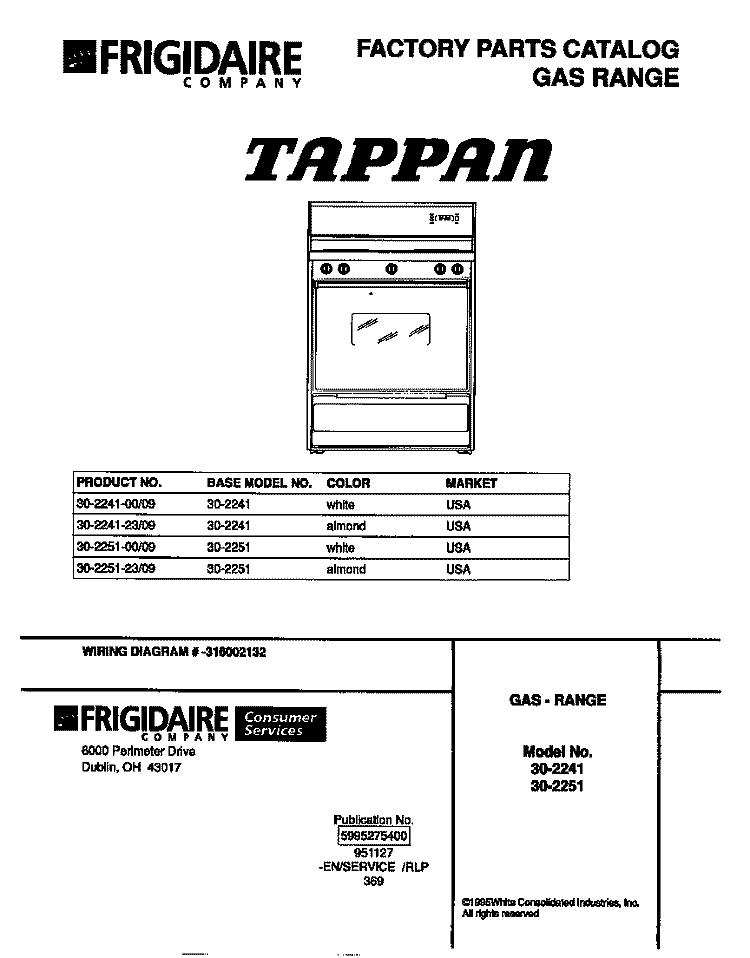COVER Diagram and Parts List for 30-2251-00-09  Tappan Range