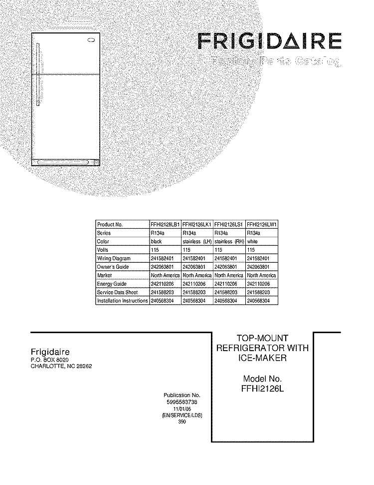 COVER Diagram and Parts List for FFHI2126LS1  Frigidaire Refrigerator