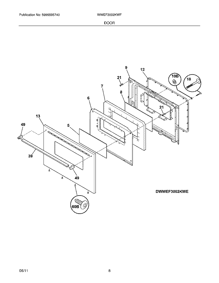 DOOR Diagram and Parts List for WWEF3002KWF  Westinghouse Range