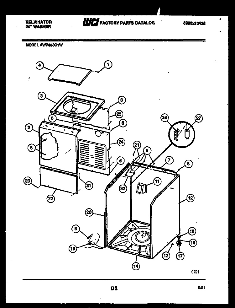 CABINET PARTS Diagram and Parts List for AWP330G1D  Kelvinator Washer