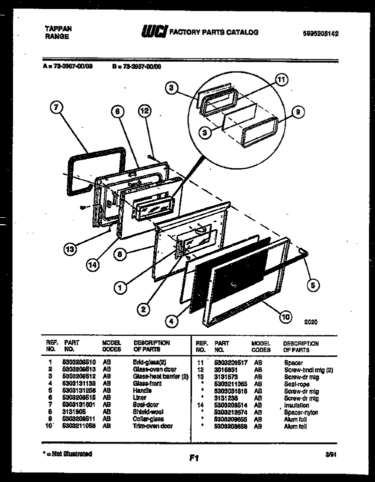 LOWER OVEN DOOR PARTS Diagram and Parts List for 73-3957-23-09  Tappan Range