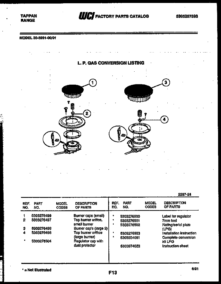 BURNER PARTS Diagram and Parts List for 30-3991-00-01  Tappan Range