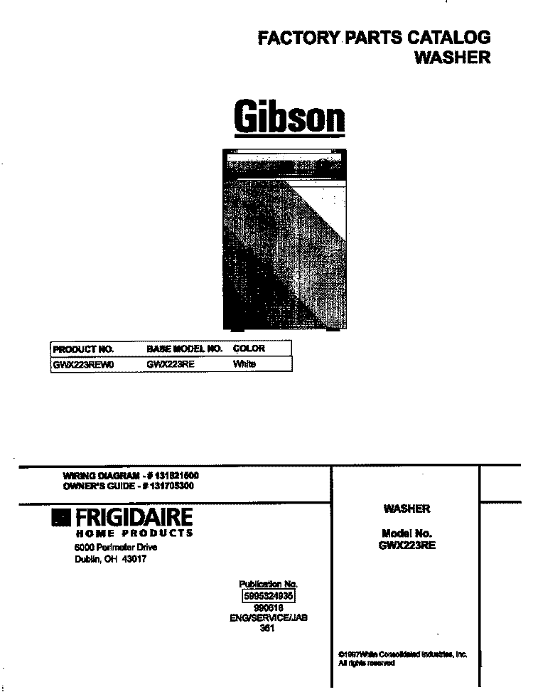COVER Diagram and Parts List for GWX223REW0  Gibson Washer