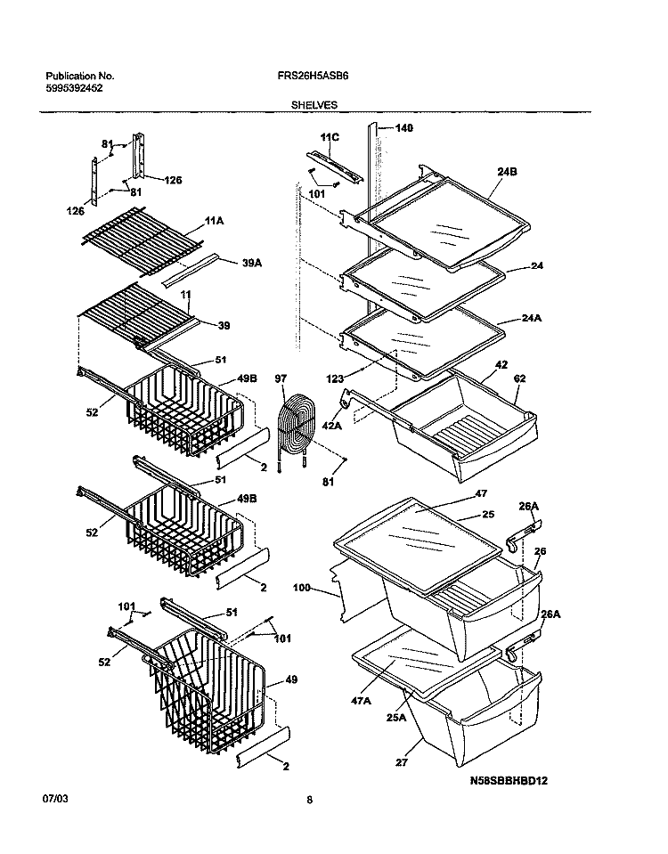 SHELVES Diagram and Parts List for FRS26H5ASB6  Frigidaire Refrigerator