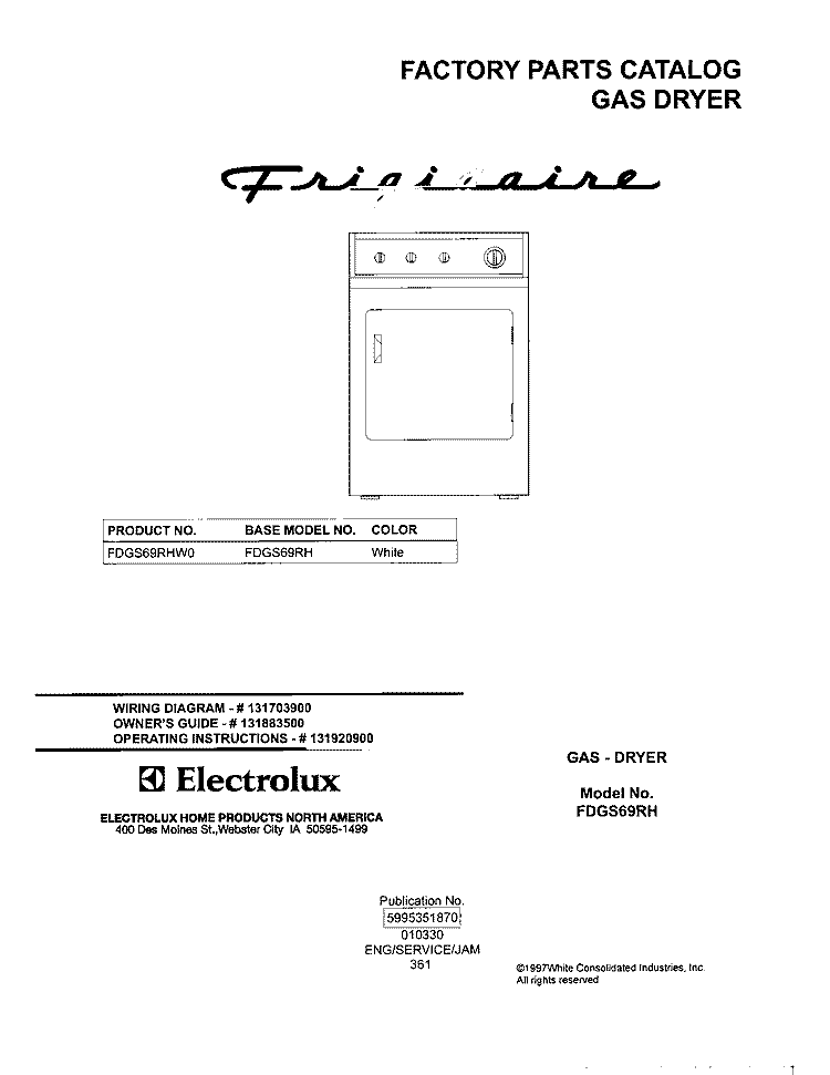 COVER Diagram and Parts List for FDGS69RHW0  Frigidaire Dryer