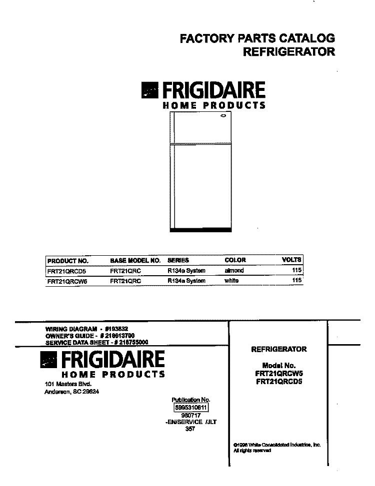 COVER Diagram and Parts List for FRT21QRCD5  Frigidaire Refrigerator