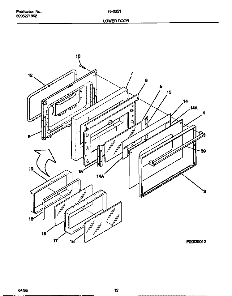 LOWER DOOR Diagram and Parts List for 73-3951-00-04  Tappan Range