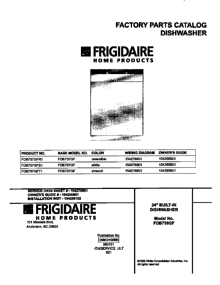 COVER Diagram and Parts List for FDB737GFT1  Frigidaire Dishwasher