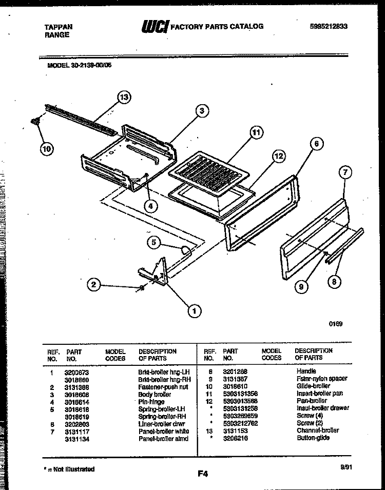 BROILER DRAWER PARTS Diagram and Parts List for 30-2139-00-06  Tappan Range
