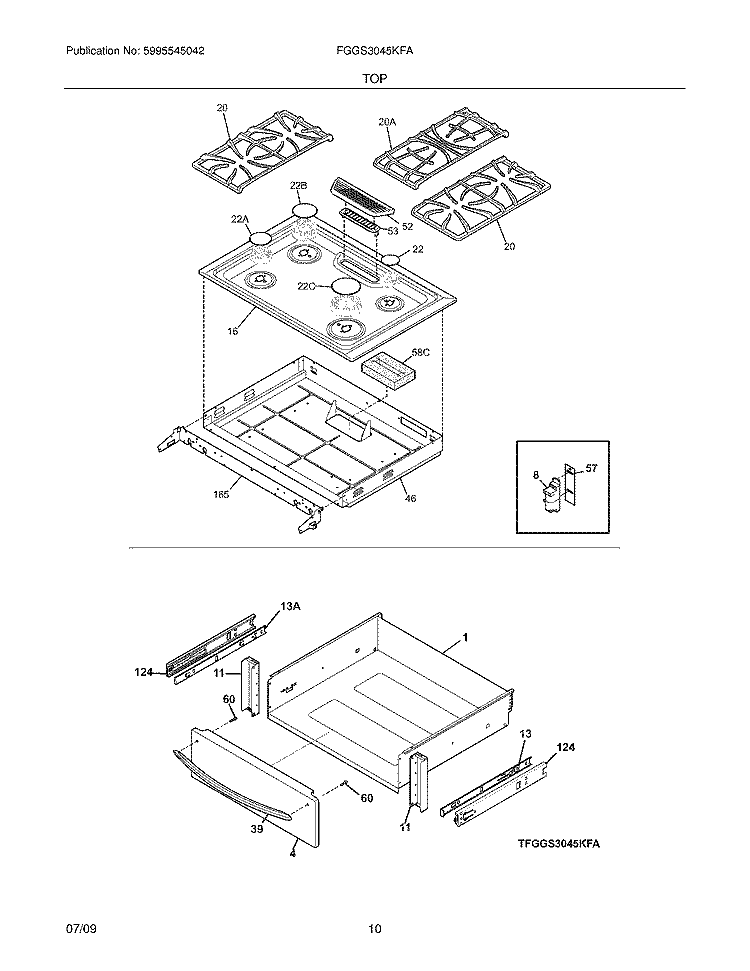 TOP/DRAWER Diagram and Parts List for FGGS3045KFA  Frigidaire Range
