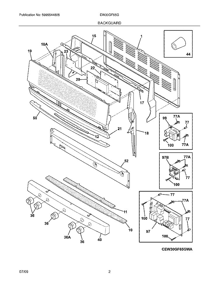 BACKGUARD Diagram and Parts List for EW30GF65GWD  Electrolux Range