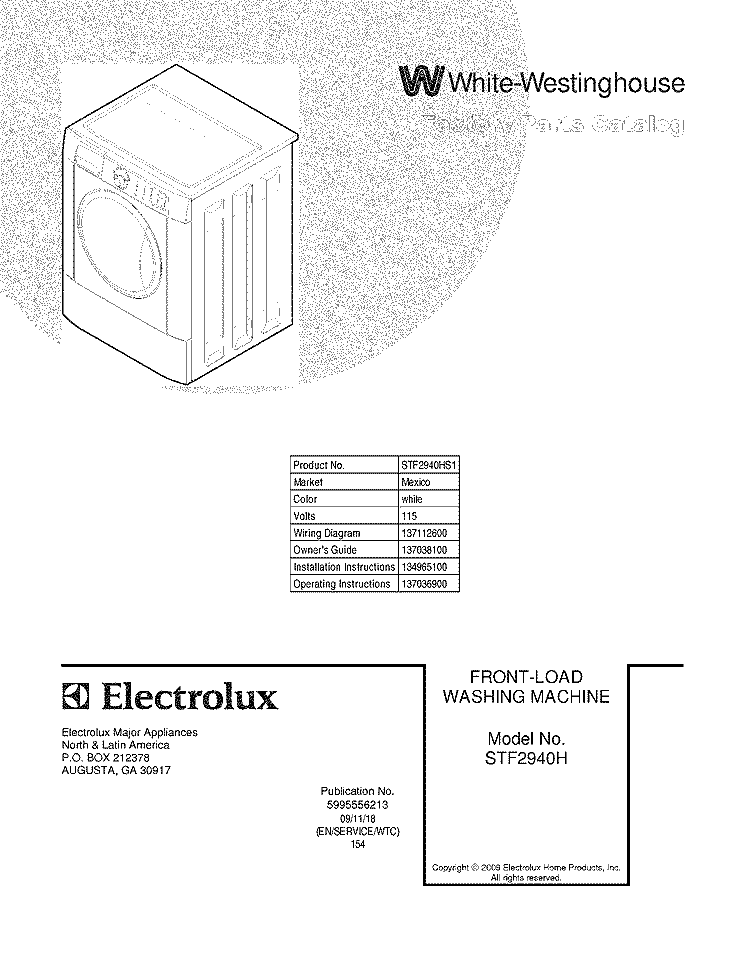 COVER Diagram and Parts List for STF2940HS1  Westinghouse Washer