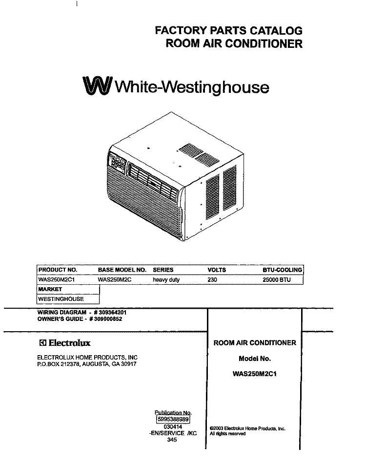 COVER Diagram and Parts List for WAS250M2C1  Westinghouse Air Conditioner