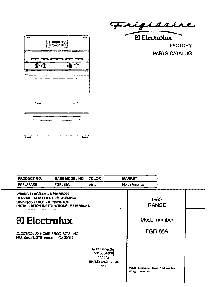 COVER Diagram and Parts List for FGFL88ASB  Frigidaire Range