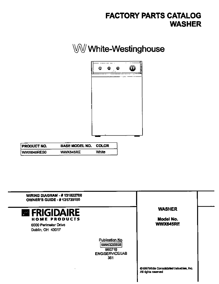 COVER Diagram and Parts List for WWX645RES0  Frigidaire Washer