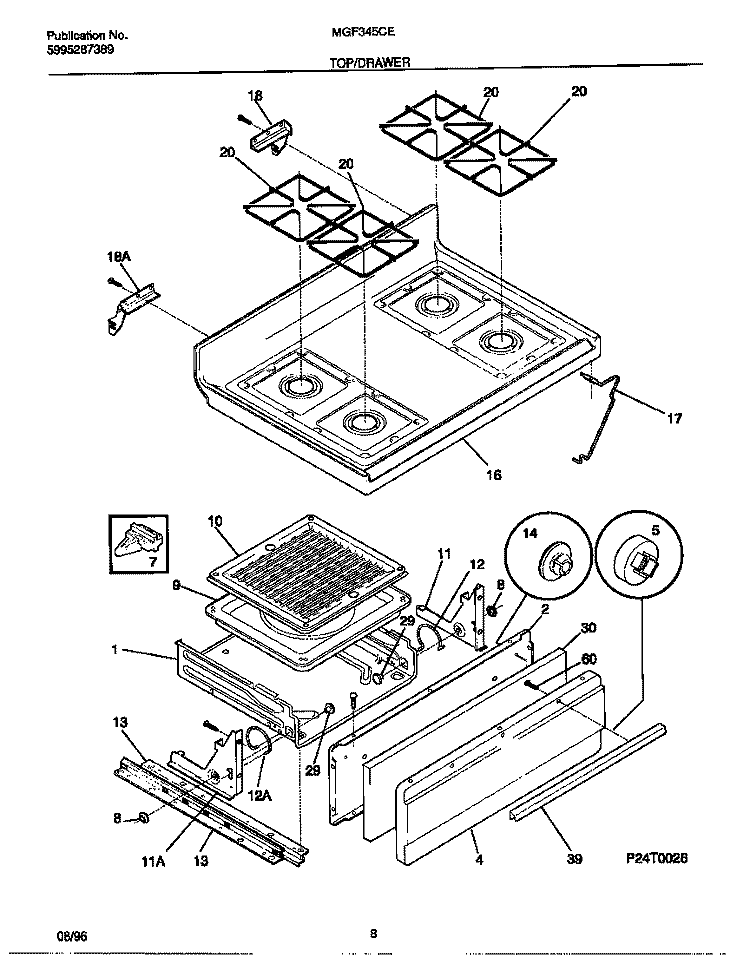 TOP / DRAWER Diagram and Parts List for MGF345CESC  Frigidaire Range
