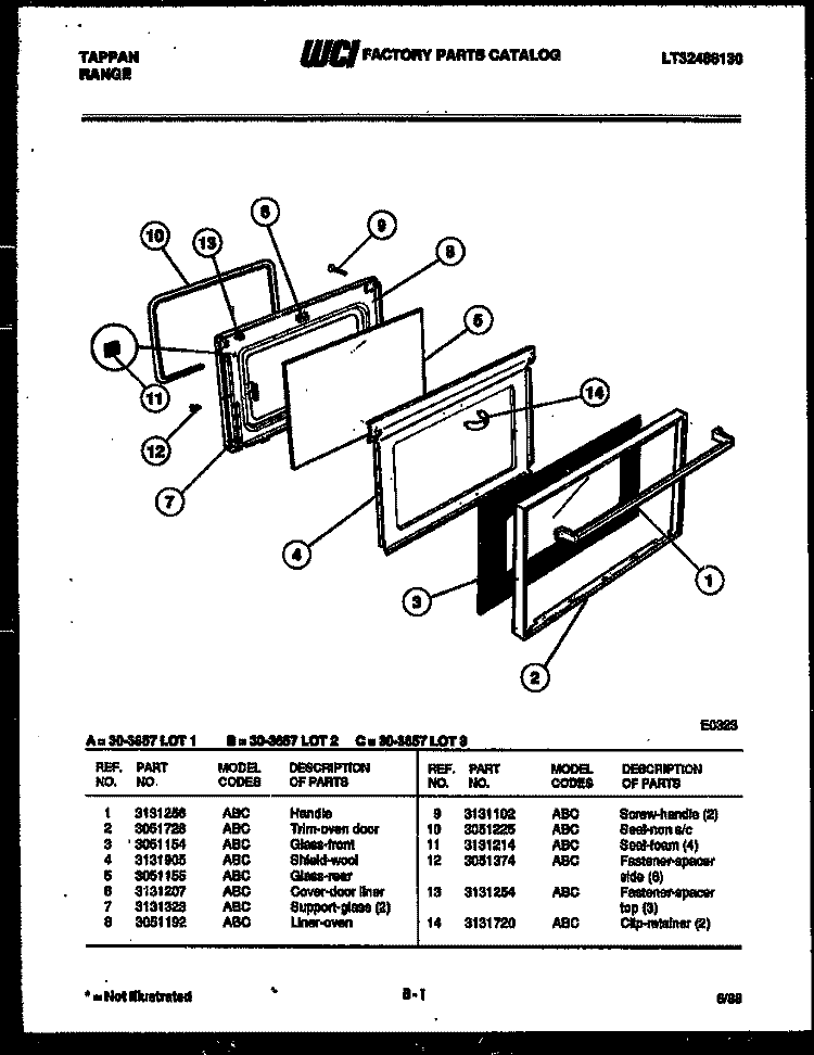 DOOR PARTS Diagram and Parts List for 30-3657-00-03  Tappan Range