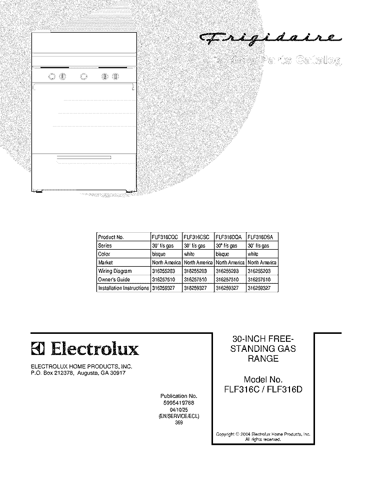 COVER Diagram and Parts List for FLF316CSC  Frigidaire Range