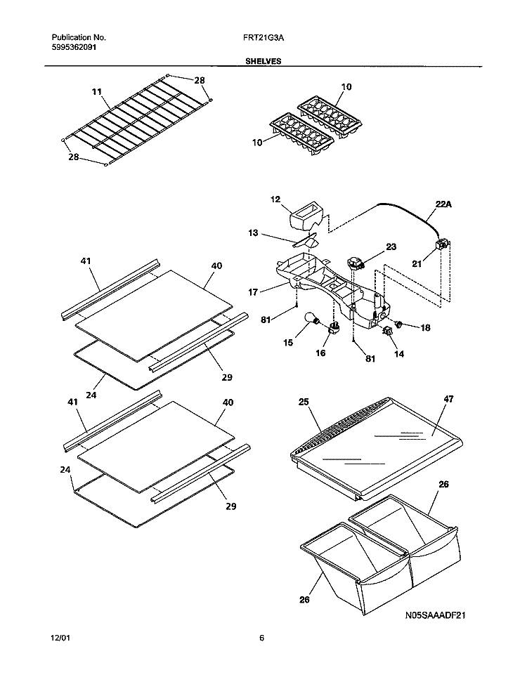 SHELVES Diagram and Parts List for FRT21G3AW2  Frigidaire Refrigerator