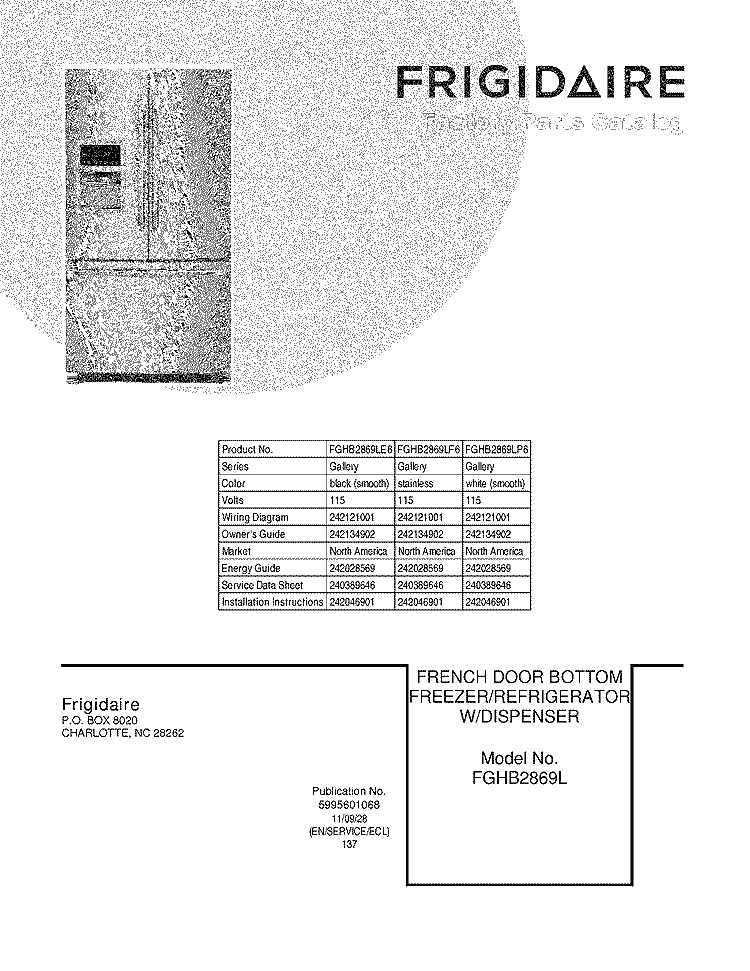 COVER Diagram and Parts List for FGHB2869LP6  Frigidaire Refrigerator