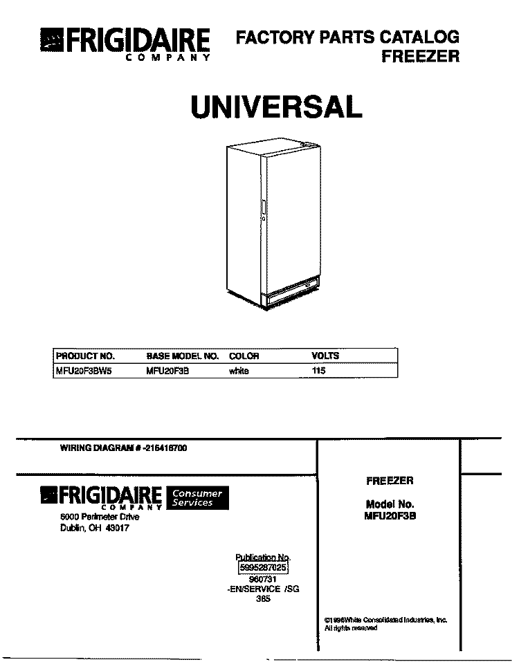 COVER Diagram and Parts List for MFU20F3BW5  Frigidaire Freezer