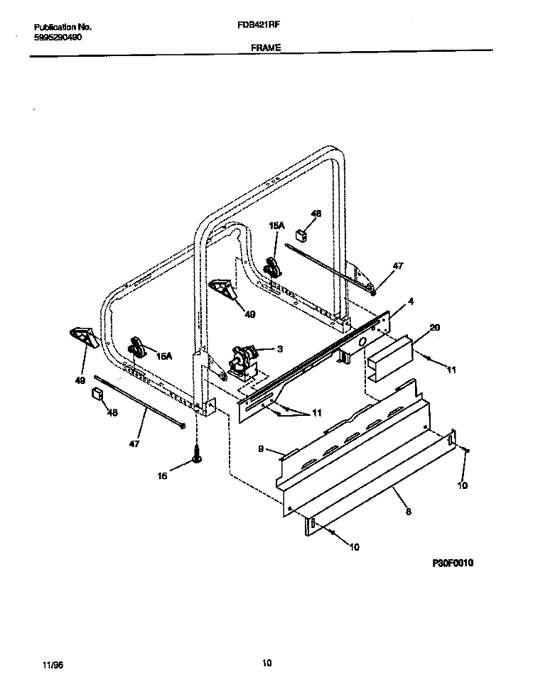 FRAME Diagram and Parts List for FDB421RFR1  Frigidaire Dishwasher